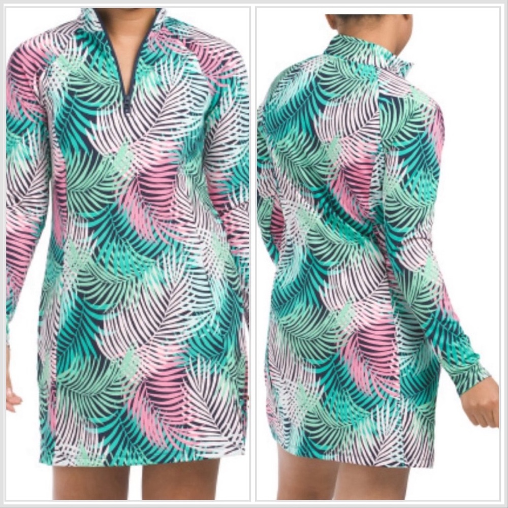 Tommy Bahama Golf Women’s 1/2 Zip Long-Sleeve Dress Small Palm Print Green/Pink